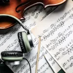 Musician reading physical sheet music at piano or desk workspace