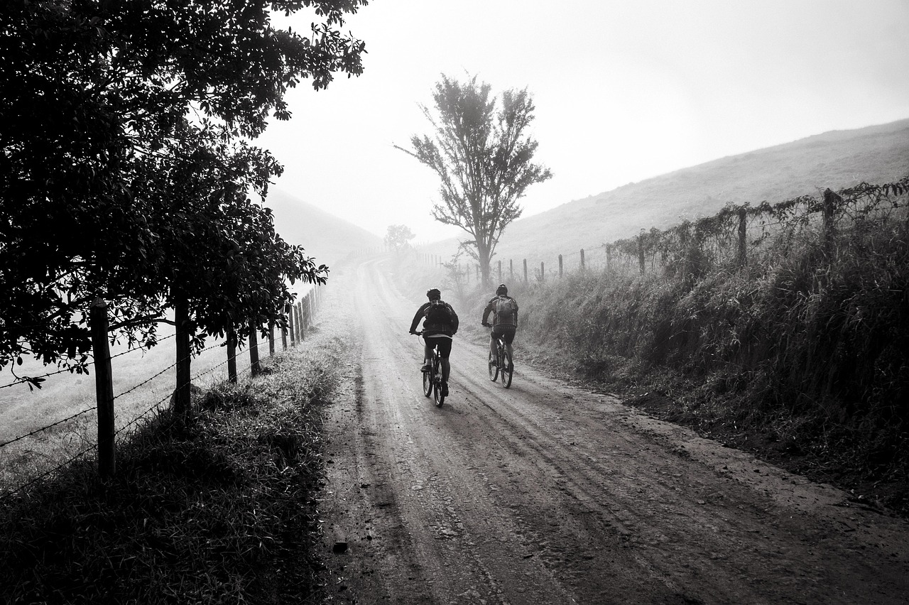 Trek mountain bike on forest trail with rider in cycling gear
