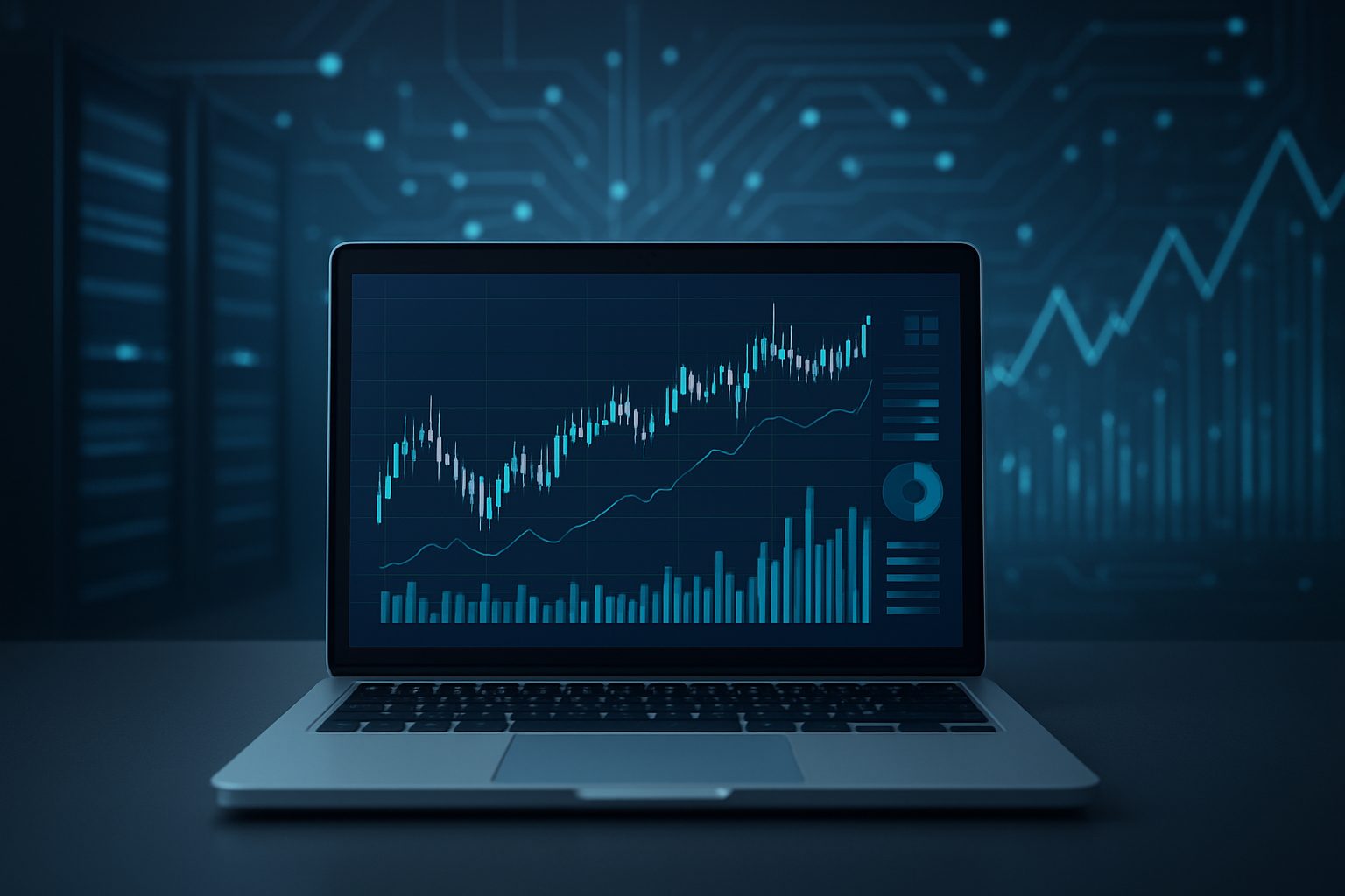 Close-up of a laptop displaying financial data and graphs in a digital interface