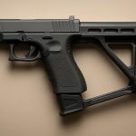 A black handgun with a stabilizer conversion kit attached, set on a neutral background.