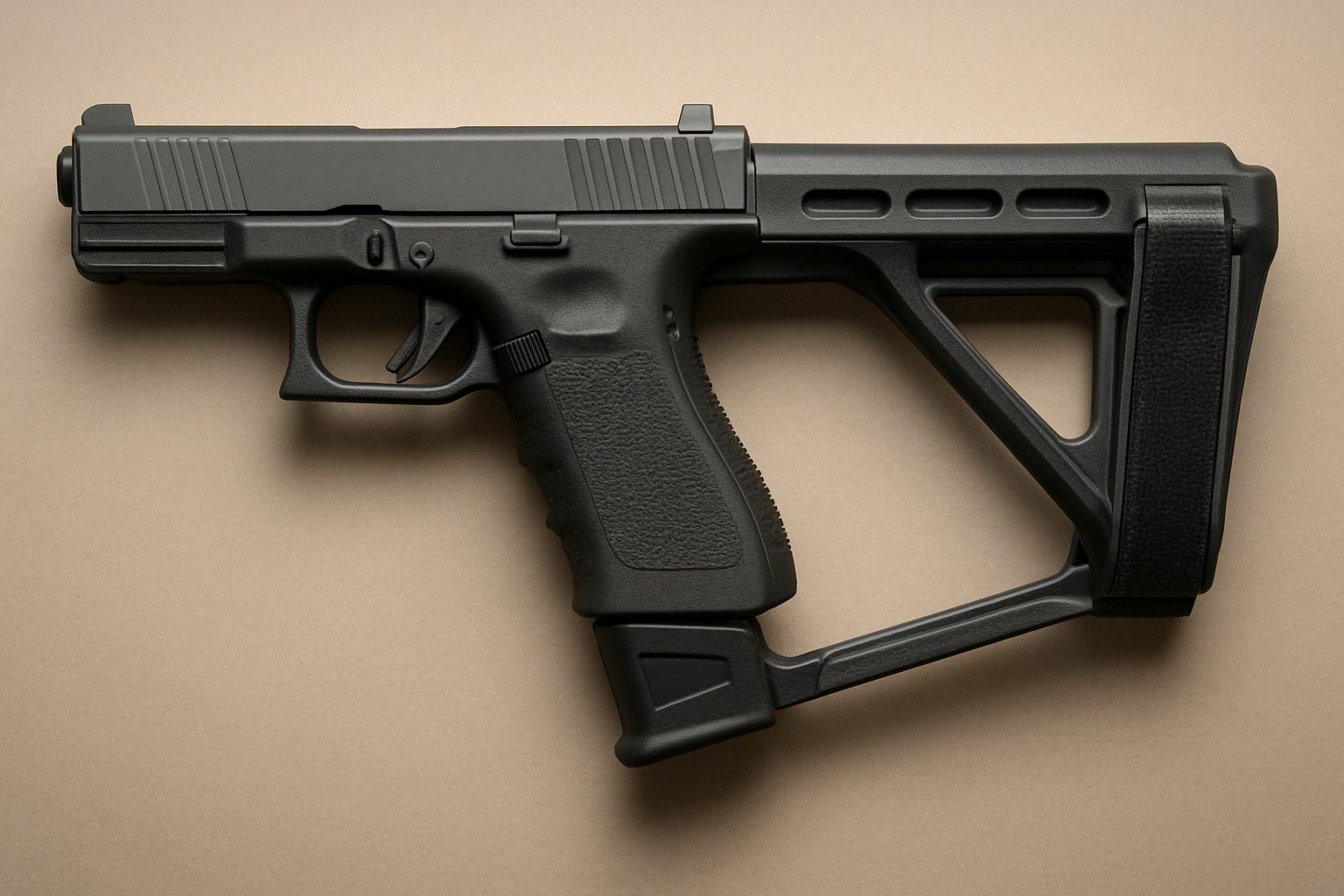 A black handgun with a stabilizer conversion kit attached, set on a neutral background.
